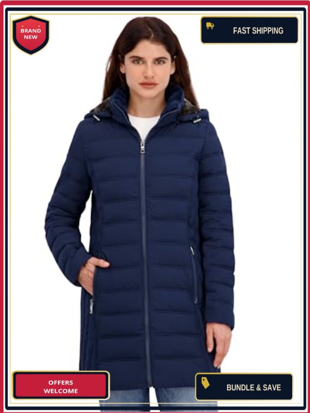 Nautica Women's Faux Fur Lined Hood Stretch Puffer Jacket Winter Coat